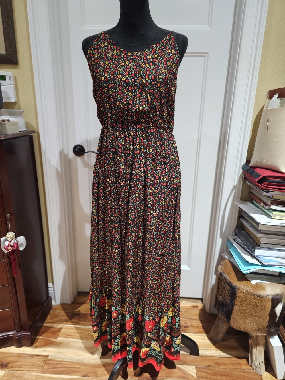 Black with Red & Yellow Floral Spaghetti Straps Maxi Dress, NWT